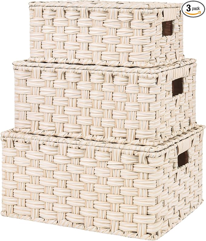 Granny Says Wicker Baskets With Lids, Woven Storage Basket With Lid | Woven Baskets With Lids, Wicker Baskets For Storage, Decorative Storage Boxes, Woven Stackable Basket with Lid for Organizing by GRANNYSAYS