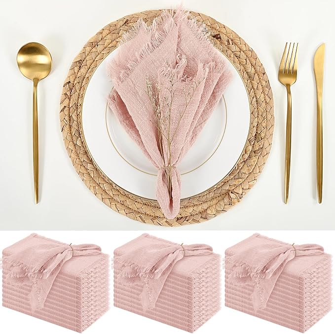 36 Pack Pink Cloth Napkins, 12 x 12 Inch Cotton with Fringe Settings | Handmade washable reusable cotton dinner napkins in bulk for weddings, parties, rustic boho table settings by FXKS