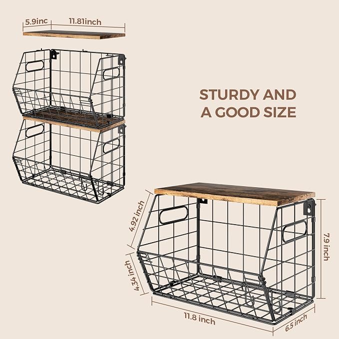 Delamu Stackable Metal Fruit Basket with Wood Lid 2 Pack, Hanging Wall Organizer for Kitchen Counter, Pantry Storage for Onions, Potatoes, Garlic, Fruits, Spices, Black - Image 5