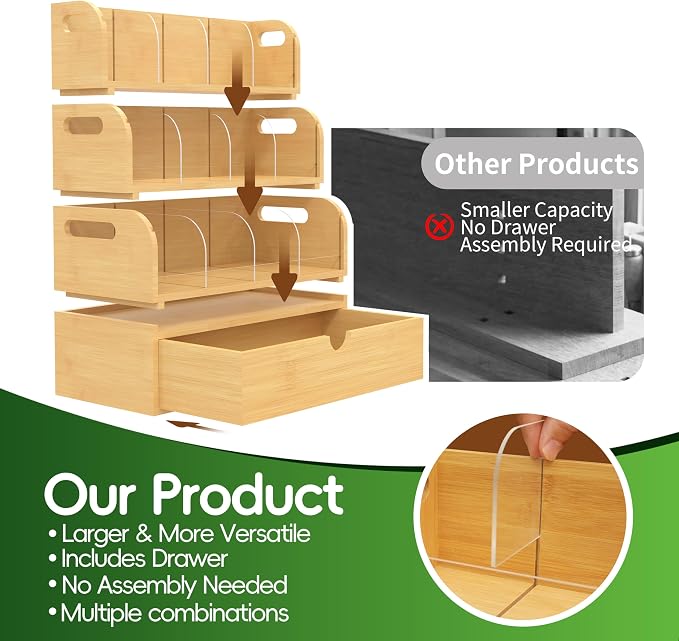 Bamboo Tea Bag Organizer for Coffee Bar, 4 Tier Modular Tea Organizer with Drawer, Large Capacity Tea Storage Box, Stackable Tea Station Organizer, No Assembly, Kitchen Counter - Image 3