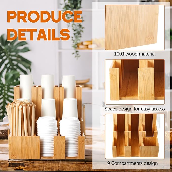 CroBlissful Bamboo Vertical Coffee Cup and Lid Dispenser, Coffee Condiment Organizer, 9 Compartment for Disposable Paper & Plastic Cup, for Cabinet Station Home Countertop Bar 13''l x 13''w x 12''h - Image 3
