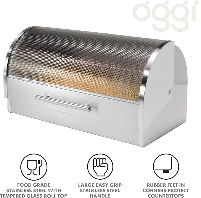 Oggi Stainless Steel Roll Top Bread Box for Kitchen Countertop with Tempered Glass Lid - Fits Multiple Large Loaves of Bread and Other Freshly Baked Goods Including Cookies, Bagels, Muffins - Image 5