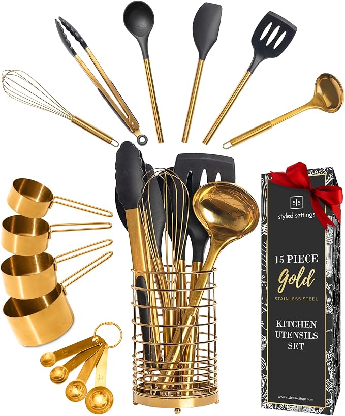 Styled Settings Black and Gold Kitchen Utensils Set, 15-Piece | Nonstick BPA-Free Silicone Cooking Utensils with Measuring Cups and Spoons - Luxury Kitchen Accessories for Stylish Cooking by STYLEDSETTINGS