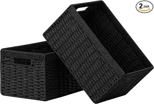 UBBCARE 2 Pack Wicker Basket, 13.4L×8.3H×7.1W inch Woven Paper Rope Storage Baskets for Shelves, Foldable Rectangular Storage Baskets with Handle, Storage Basket for Organizing, Black by UBBCARE