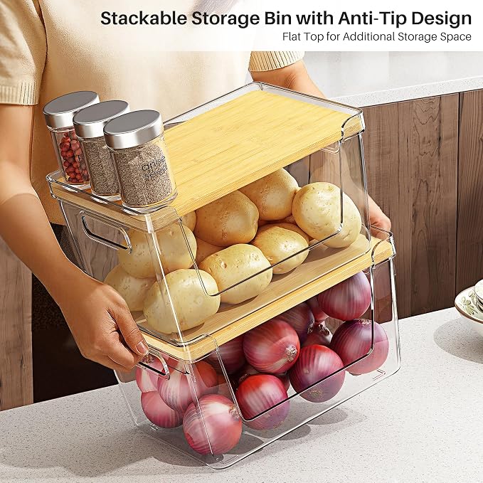 2 Set Pantry Organizer and Stackable Storage Kitchen,Sturdy and Durable Storage Basket for Potato, Onion, Garlic, Fruit, Vegetable, Produce, Clear Plastic Storage with Lid&Handle - Image 3