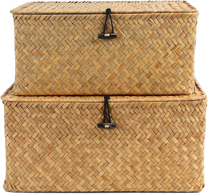Nonam Storage Basket with Lid, Natural Seagrass Bin with Lid Set of 2, Shelf Baskets Multipurpose Container for Boho Decoration, Rectangular Household Storage Boxes for Home Organization-Natural - Image 2