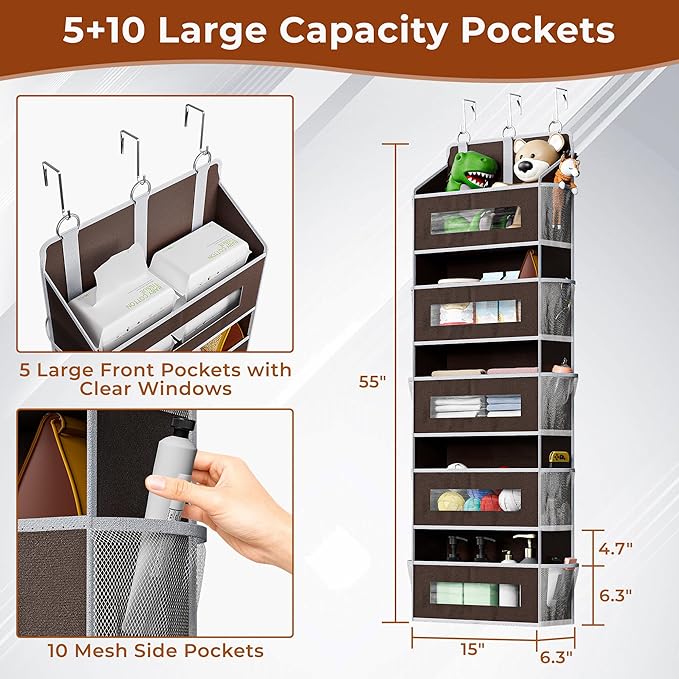 5 Tier Over The Door Organizer - Large Capacity Behind Door Hanging Shelves with 10 Mesh Pockets and Clear Windows, Closet Organizers and Storage for Bathroom, Bedroom, Nursery, Brown - Image 2