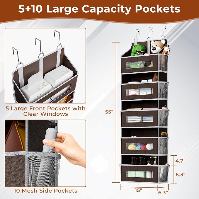 5 Tier Over The Door Organizer - Large Capacity Behind Door Hanging Shelves with 10 Mesh Pockets and Clear Windows, Closet Organizers and Storage for Bathroom, Bedroom, Nursery, Brown - Image 2