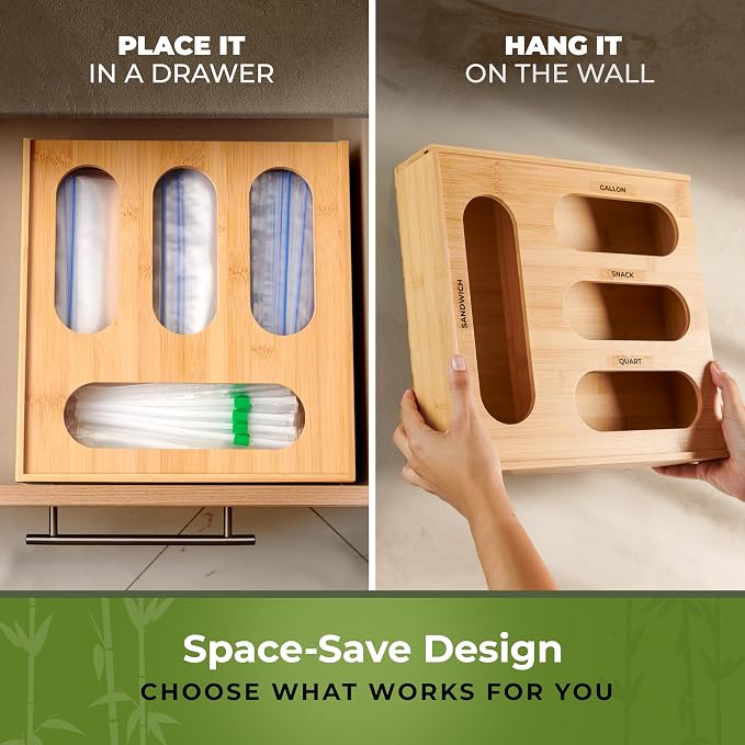 Bamboo Storage Bag Organizer for Drawer – Plastic Bag Organizer for Kitchen | Single Block Design, Quick Refill Slider – Fits Half Gallon, Quart & Snack Size Bags - Image 5