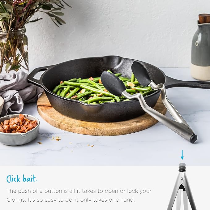 Dreamfarm Clongs Grippy Silicone & Stainless Steel Kitchen Cooking Tongs with Click-Lock Open & Close - 9" Black | Stainless steel, strong-grip non-stick safe tips, one-handed button lock open and close, sit-up handles for mess free benches - Image 6
