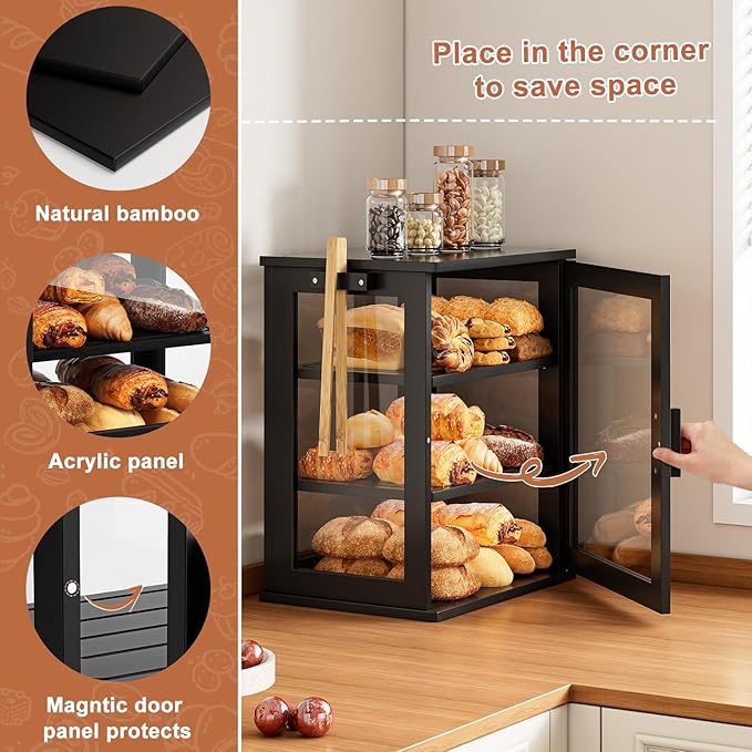 WOWLIVE Bread Box for Kitchen Countertop, 3 Layers Bread Storage Container | Large Bamboo Bread Bin for Homemade Bread with Window, Farmhouse Breadbox Organizer for Kitchen, Cabinet, Black, Meduim - Image 4