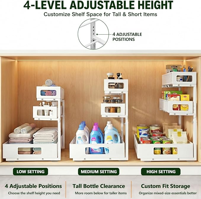 3 Tier Under Sink Organizer,2 Pack Pull Out Cabinet Shelves with Adjustable Height,Heavy Duty Carbon Steel L-Shaped Storage for Kitchen Bathroom Sink,Pantry & Laundry,White - Image 8