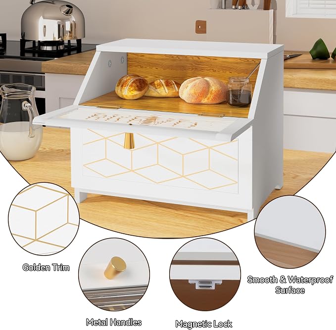 HOLTICO Double Layer Bread Box With Golden Trim for Countertop, Wooden Bread Container for Kitchen Counter, Corner Bread Storage (White) | Wooden Bread Container for Kitchen Counter, Large Capacity Bread Keeper, Farmhouse Food Organizer with Glass Window - Image 4