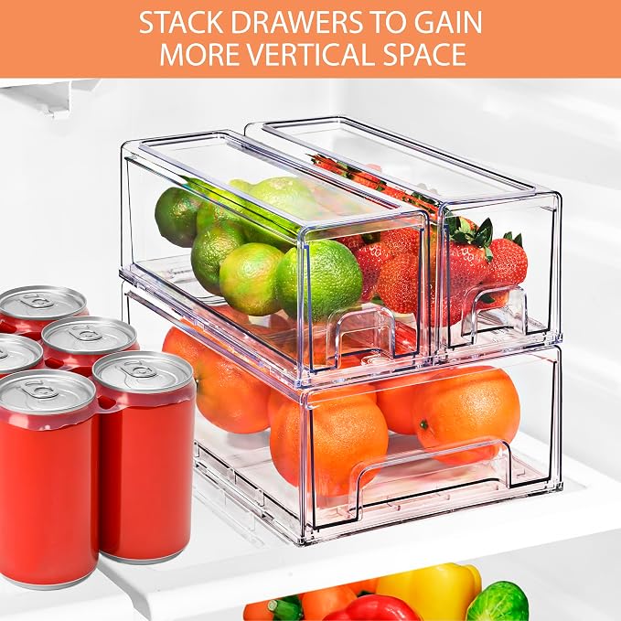Sorbus Fridge Drawers - Clear Stackable Pull Out Refrigerator Organizer Bins - Food Storage Containers for Kitchen, Freezer, Vanity & Fridge (3 Pack | 1 Medium, 2 Small Stackable Drawer Bins) - Image 7