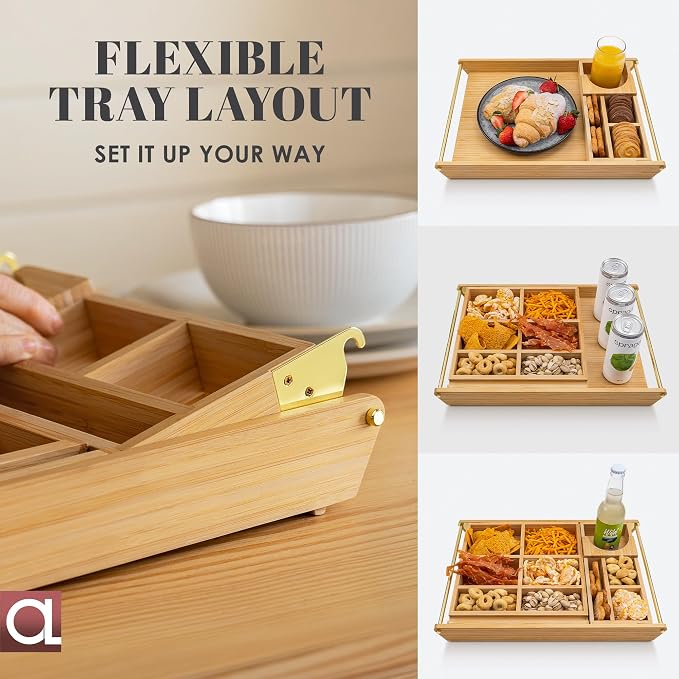 Bamboo Serving Tray with Removable Dividers & Gold Stainless Steel Handles, 16.5" x 11.2" Premium Snack Tray, Charcuterie Tray, Ottoman Tray, Coffee Table Tray for Living Room Decor - Image 4