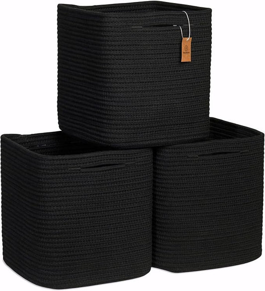 NaturalCozy Storage Cubes 11 Inch Cotton Rope Woven Baskets for Organizing, 3-Pack | Cube Storage Bin | Square Storage Baskets for Shelves Organizer, Classroom, Kids Toy Bins, Closet, Baby Nursery by NaturalCozy
