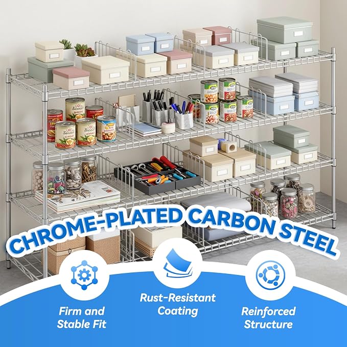 6 Pcs 18" W x 8" H Chrome Plated Steel Wire Shelf Divider, No Tool Metal Shelf Dividers for Wire Shelves for Kitchen, Bathroom, Pantry, Office Storage, Silver - Image 4