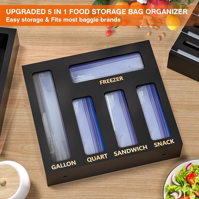 DALSHABET 9 IN1 Bamboo Storage Bag Drawer Organizer with Cutter, Foil and Plastic Wrap Dispenser for Kitchen Storage Compatible with All Brands Gallon, Quart, Sandwich & Snack Size Bags - Black - Image 4