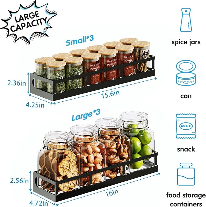 X-cosrack 6-Tier Wall-Mounted Spice Rack Organizer with Mixed Basket Sizes, Height-Adjustable Hanging Spice Shelf for Kitchen Pantry Cabinet, Large-Capacity Seasoning Holder, Black - Image 6