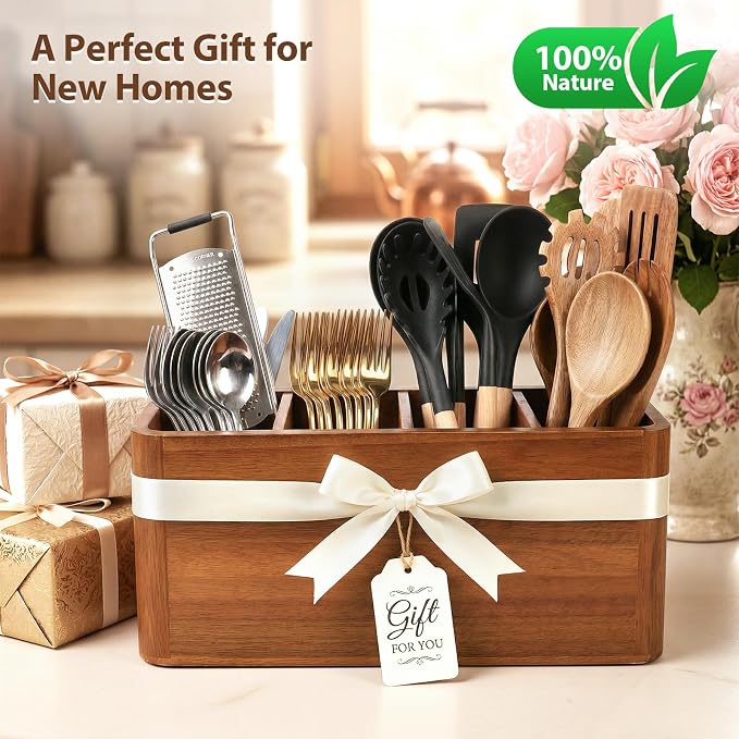 Kitchen Utensil Holder for Counter and Countertop, Acacia Utensil Organizer with 3 Pcs Wooden Spoon Set, Large Drying Holder for Kitchen, 4-Compartment Storage for Cooking Utensils, Kitchen Decor - Image 5