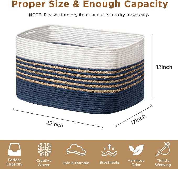 UBBCARE Blanket Basket, Large Rectangle Woven Storage Basket With Handles, Cotton Rope Toy Basket for Living Room, Nursery Baskets for Organizing, 22''L×17''W×12''H, Navy Blue - Image 2