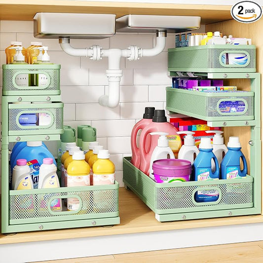Under Sink Organizer, 3-Tier Thickened Metal Pull out Cabinet Organizer Shelf, Height Adjustable Slide out Storage Drawer Rack for Kitchen Bathroom Pantry Laundry Home Organization, 2-Pack, Green | 35% Extra Storage Capacity, Carbon Steel, Hold Up 55lb... by HERJOY