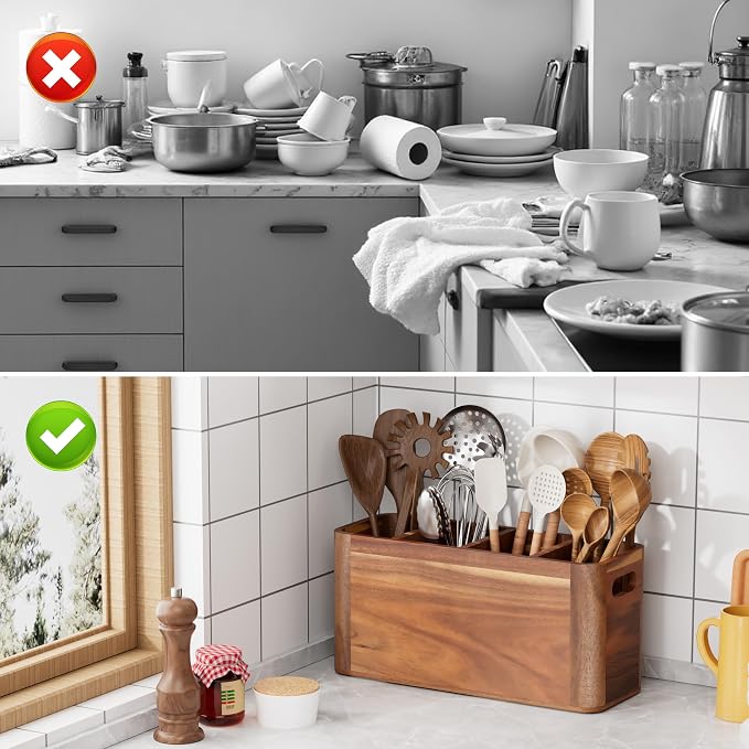 ZUJJAFY Utensil Holder, Acacia Wood Kitchen Utensil Holder for Counter with 4 Compartments, Extra Large Wooden Kitchen Utensils Organizer for Countertop Cooking Spatula Storage - Image 6