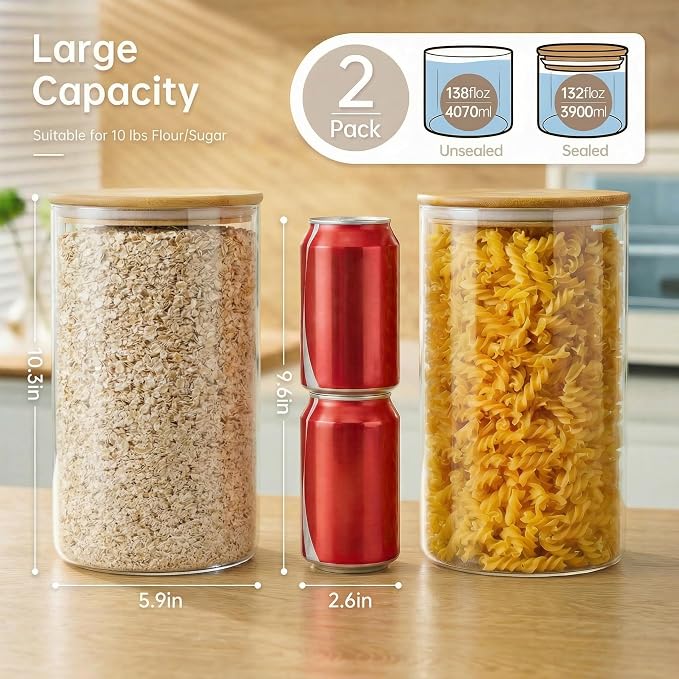 HomArtist Extra Large Glass Flour and Sugar Storage Containers with Airtight Lids,132 floz x2 [Set of 2] Big Glass Jars with Bamboo Lids, Air Tight Food Storage Jars for Cereal, Pasta, Rice, Coffee - Image 3