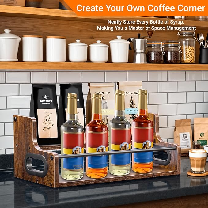 YQBRAO 2-Tier Liquor Bottle Display Shelf, 16-Inch, Rustic Brown | Holds up to 8 bottles with a shallow footprint for coffee corners, kitchens, small counters, and home bars. - Image 7