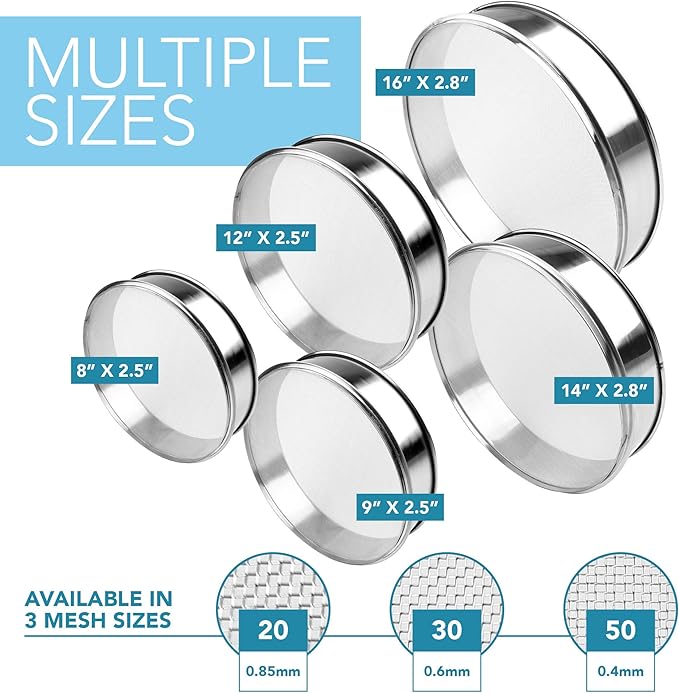 Vollum Stainless Steel Flour Sifter Fine Mesh Baking Sieve 9.5" | Round 30-mesh sieve with 0.6mm holes; 9.5" diameter by 2.5" high — ideal for achieving ultra-fine, lump-free results. - Image 5