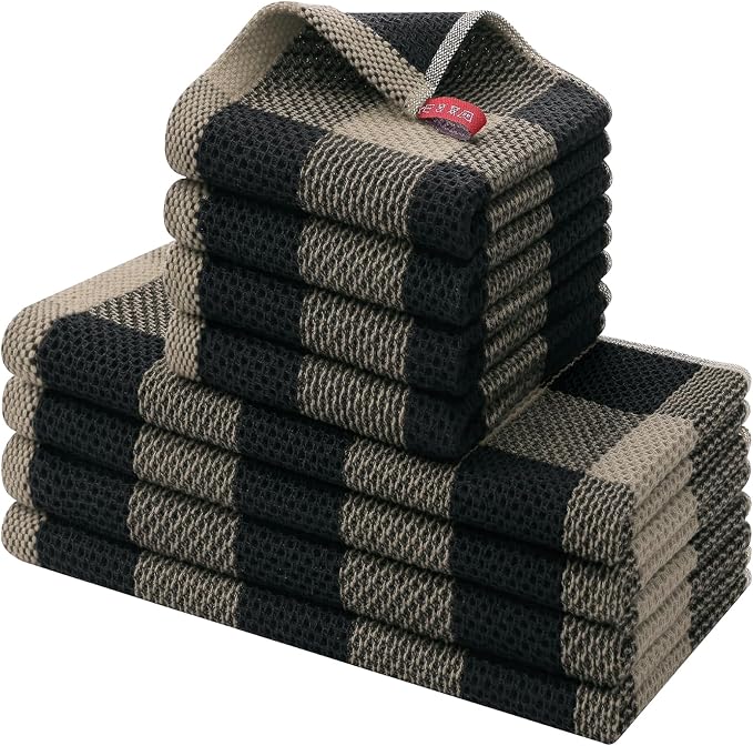 Homaxy Kitchen Towels and Dishcloths Set, Set of 8, Black & Tan | Bulk Cotton Waffle Weave Check Plaid Kitchen Towels, Super Soft and Absorbent Dish Cloths, 12 x 12 and 13 x 28 Inches by Homaxy