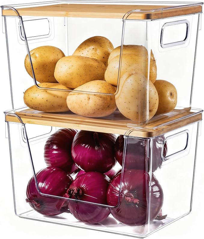 2 Set Pantry Organizers and Storage with Bamboo Lids, Stackable Clear Bins for Onion, Potato, Fruit, Vegetables, Trash Bag Dispenser, Kitchen and Under Sink Organizer by Criusia