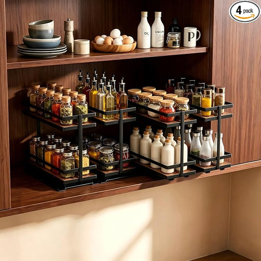 Pull Out Spice Rack 4Pcs Metal & Wood Seasoning Organizer Black | No-Drill Install | Full-Extension Silent Glide | Each Tier Holds 10–12 Standard Spice Bottles | Rustproof, Wipe-Clean Surface by HOFUSUSER
