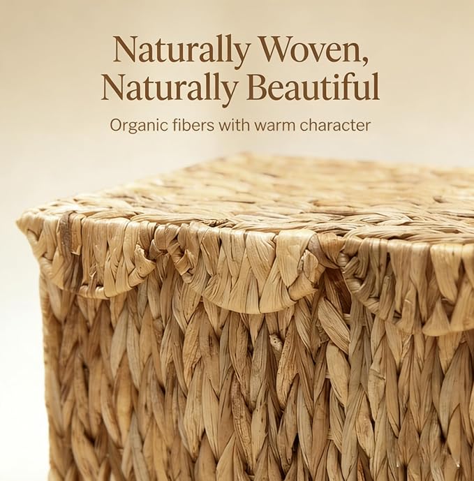 Wicker Basket with Scalloped Edge Lid, Water Hyacinth Storage Basket with Built-in Handles, Handwoven Wicker Box for Living Room, 15" L x 11 ¼" W x 7" H (Water Hyacinth) - Image 6