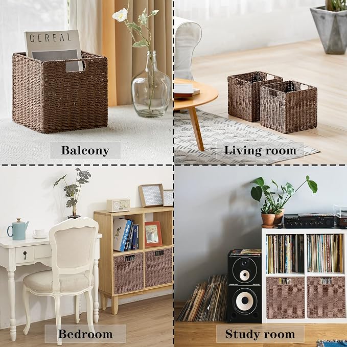 Wicker Basket, Set of 2 Hand-Woven Paper Rope Storage Baskets for Organizing, Foldable Cubby Storage Bins, 11 Inch Large Wicker Storage Basket, Square Baskets Cube Storage Organizer, Brown - Image 5