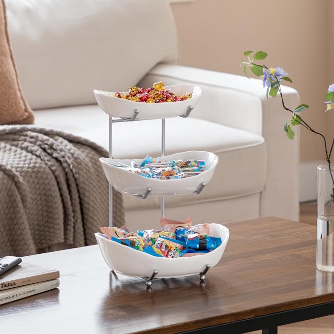 HBlife Fruit Bowl for Kitchen Counter - 3 Tier Ceramic Fruit Bowl Holder with Metal Stand, Tiered Fruit Basket for Fruit and Vegetable Storage, Serving Trays for Party - Image 5
