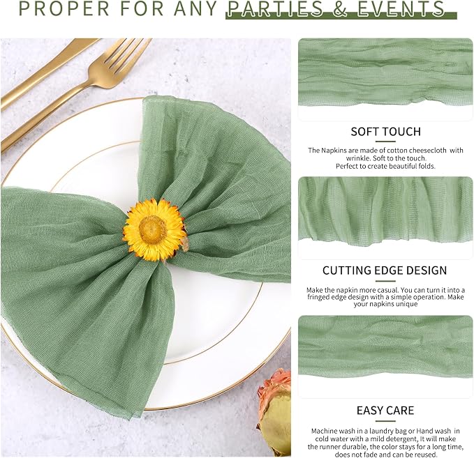 100 Pieces Cloth Napkins Sage Green Dinner Cheesecloth Napkins for Wedding,Wrinkled Cloth Napkins Bulk for Home Party Rustic Table Decoration, 17 x 17 Inch - Image 3