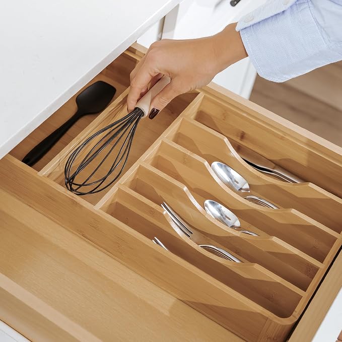 Silverware & Utensil Organizer, Fixed 10.5 in, Bamboo | Cutlery, flatware holder, rounded corners, 7 compartments, non-slip feet, kitchen drawers - Image 7