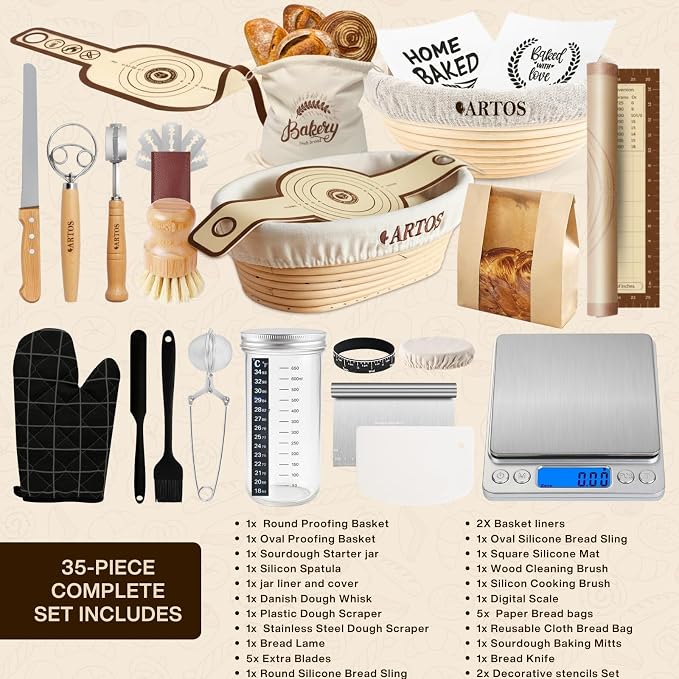 ARTOS ULTIMATE Sourdough Starter Kit | Banneton Bread Proofing Baskets with Bread Making Tools | Sourdough Bread Baking Supplies with Silicone Slings, Mat, Whisk, Scrapers Lame, Jar, Scale & Many More - Image 2