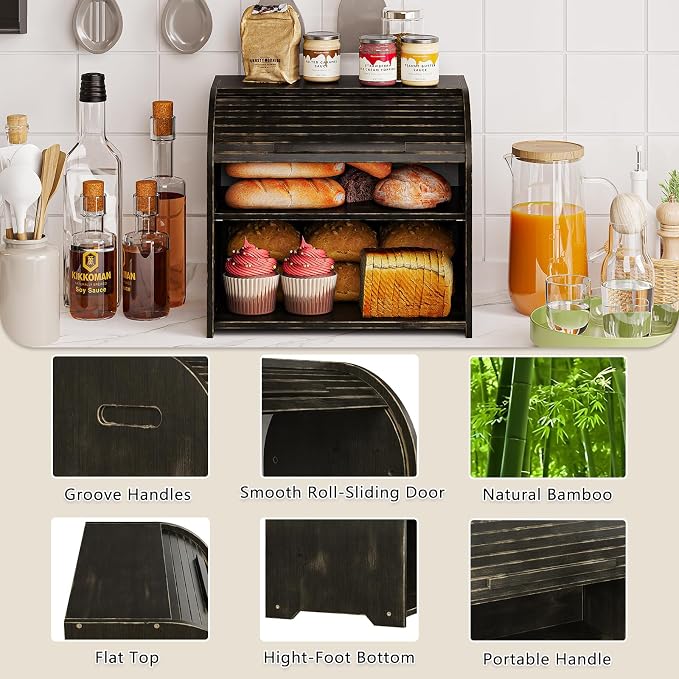 Trironsun Bamboo Roll Top Bread Box for Kitchen Countertop Large Capacity Bread Storage Bin 2 Layer Wooden Bread Storage Organizer Natural Breadbox for Food Storage (Antique Black) - Image 8