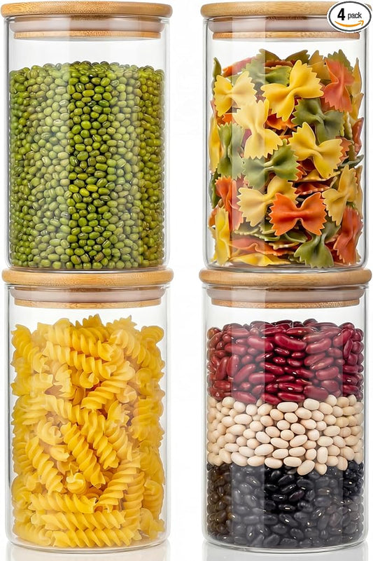 32oz - 4 Pack Glass Jars with Bamboo Lids, Glass Pantry Storage Containers with Airtight Lids, Round Air Tigh Food Storage Canisters for Cereal, Pasta, Flour, Sugar, Rice, Best for Kitchen Organizer by HomArtist
