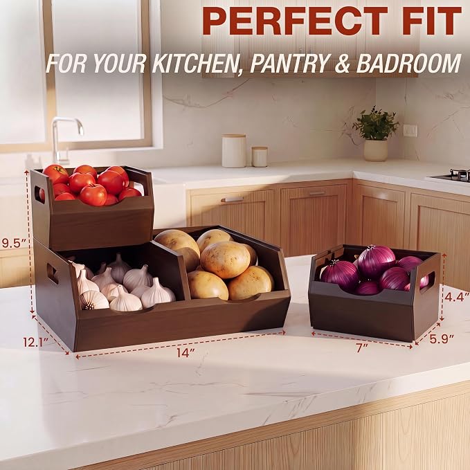 HOMESTEAD Stackable Solid Wood Storage Bins for Kitchen Pantry & Countertop, Ventilated Potato and Onion Basket Organizer with Handles, Wooden Produce Storage Containers, 3-Pack, Chestnut Finish - Image 3