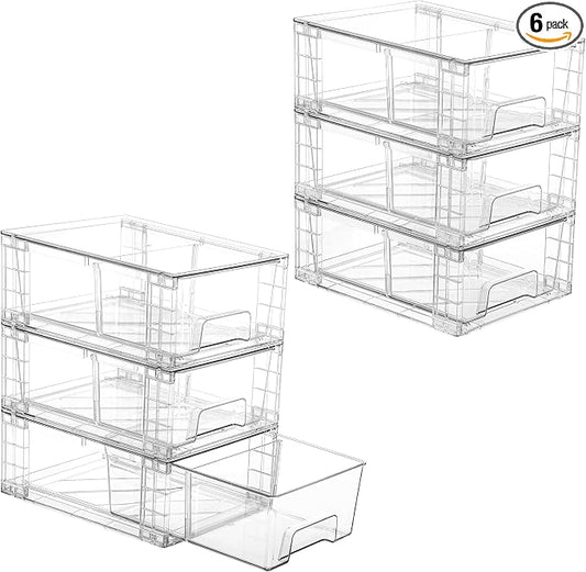 Vtopmart 6 Pack Stackable Storage Drawers,Clear Acrylic Drawer Organizers with Handles, Easily Assemble Containers for Fridge, Bathroom,Kitchen Undersink,Cabinet,Pantry Organization and Storage | Clear Drawer Organizers with Removable Dividers for Flex... by Vtopmart