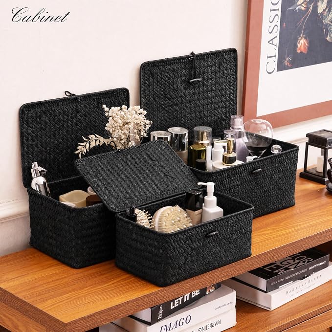 Nonam Storage Basket with Lid, Natural Seagrass Bin with Lid Set of 3, Shelf Baskets Multipurpose Container for Boho Decoration, Rectangular Household Storage Boxes for Home Organization-Black - Image 4