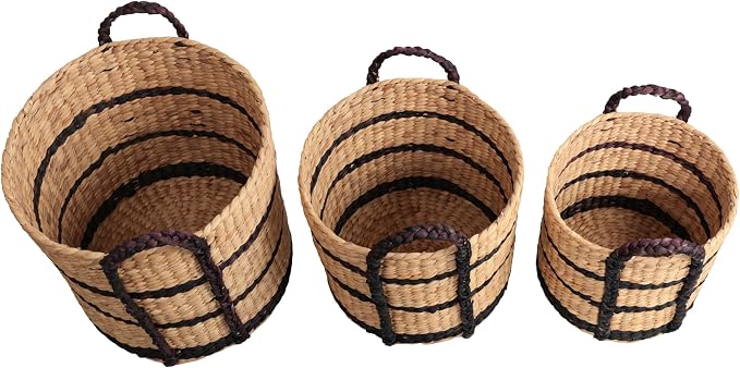 happimess Willow 3-Piece Nesting Hyacinth Baskets 19", Natural/Black | Handwoven, Rustic Cottage Stripe, Integrated Side Handles, Decorative Storage Containers, Living Room, Bedroom - Image 6