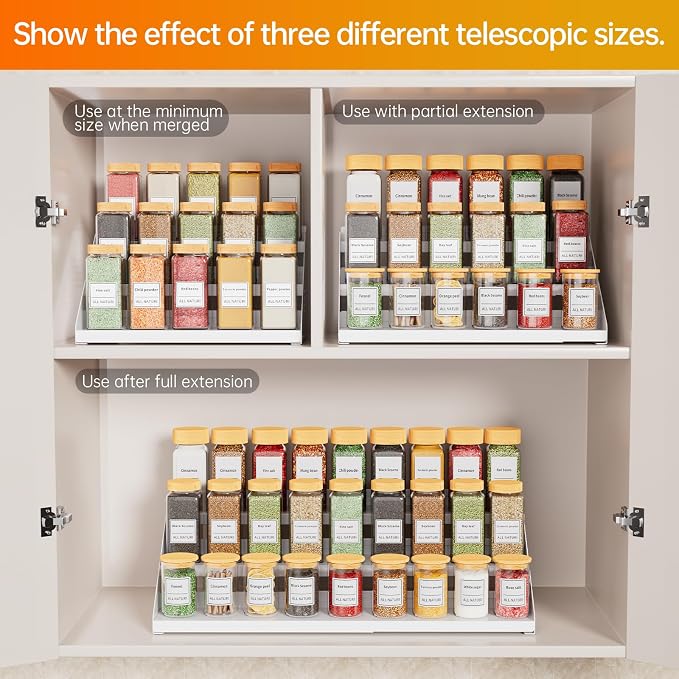 RCHYFEED 3 Tier Expandable Spice Rack Organizer, Height Adjustable,Metal | White, Multi-purpose Metal Display Organizer for Cabinet, Countertop, Pantry and Cupboard Spice Storage - Image 3
