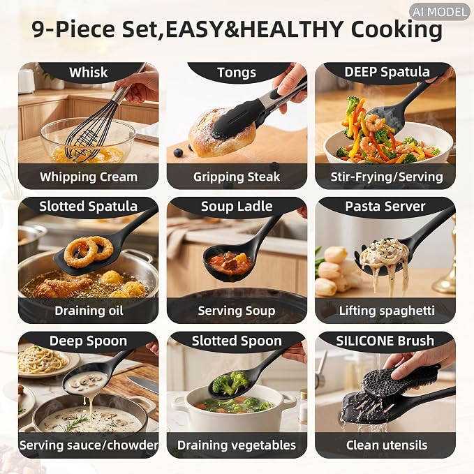 Kitchen Utensils Set,9 PCS Silicone Cooking Utensils Set Spatula Set,Non Toxic Cooking Utensils,Tongs,Spoon,Whisk,Brush,BPA Free Kitchen Gadgets for Non-Stick Cookware,Home Essential(Black-9P) - Image 2