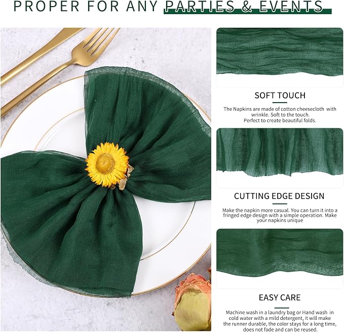 100 Pieces Cloth Napkins Emerald Green Dinner Cheesecloth Napkins for Wedding,Wrinkled Cloth Napkins Bulk for Home Party Rustic Table Decoration, 17 x 17 Inch - Image 3