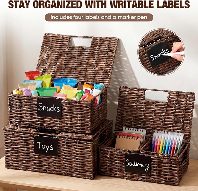 Yookeer 5 Pcs Woven Plastic Rattan Storage Baskets with Lid and Handles, Brown Large Storage Organizer with Labels, Stackable Rectangular Boho Decorative Baskets for Toys Shelves Bedroom - Image 4
