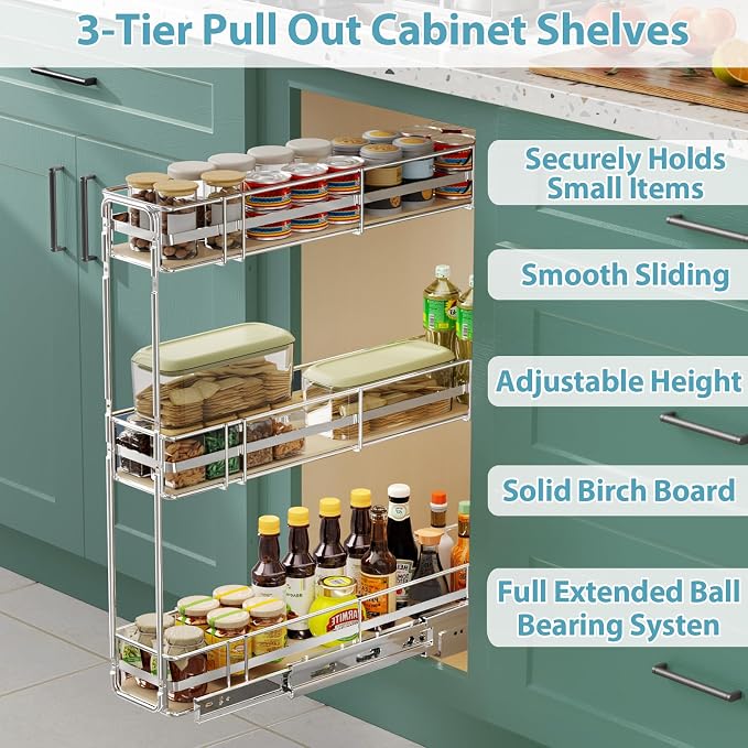 Pull Out Spice Rack Cabinet Organizer 6" W x 20½" D, 3 Tier Heavy Duty Slide Out Wood Shelf for Narrow Cabinet, Pull Out Storage for Kitchen - Image 2